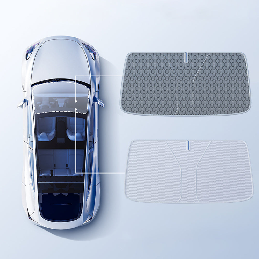 Graphene front windshield sunshade for Tesla Model 3 Highland and Model Y Juniper, black sunshade covering the windshield area