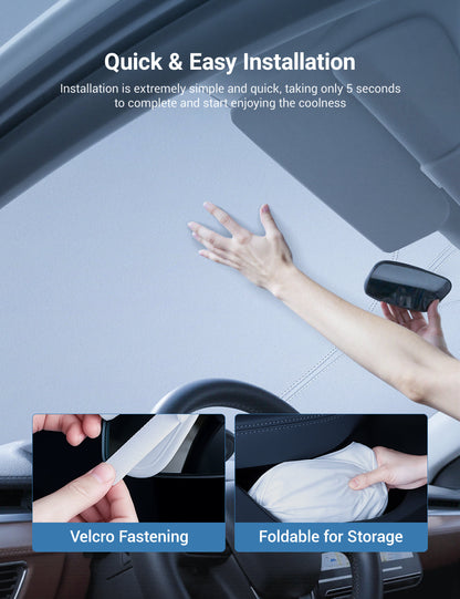 Graphene front windshield sunshade for Tesla Model 3 Highland and Model Y Juniper, showing a sleek black sunshade in a car interior.