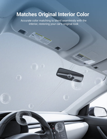 Graphene front windshield sunshade for Tesla Model 3 Highland and Model Y Juniper, providing UV protection and heat reduction.