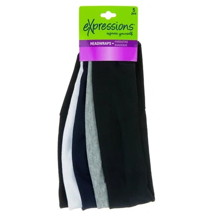 Set of five Pasteur Pharmacy headbands in black, gray, and white with stylish, stretchy fabric headwraps for everyday wear.
