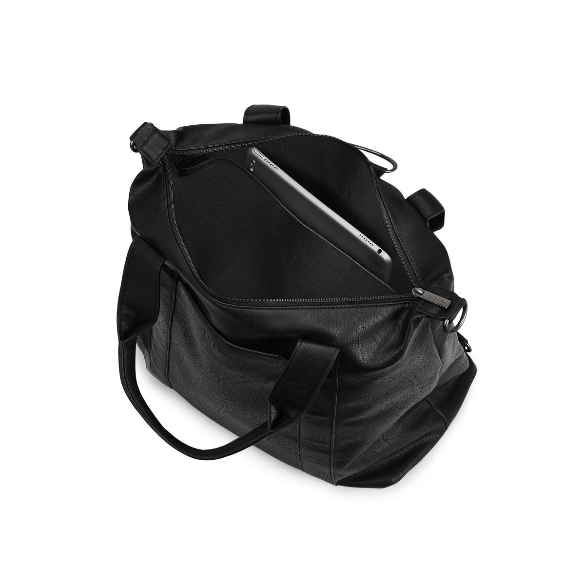 Black Palermo tote bag by Bugatti Collections with interior and prop details, showcasing spacious design and stylish craftsmanship.