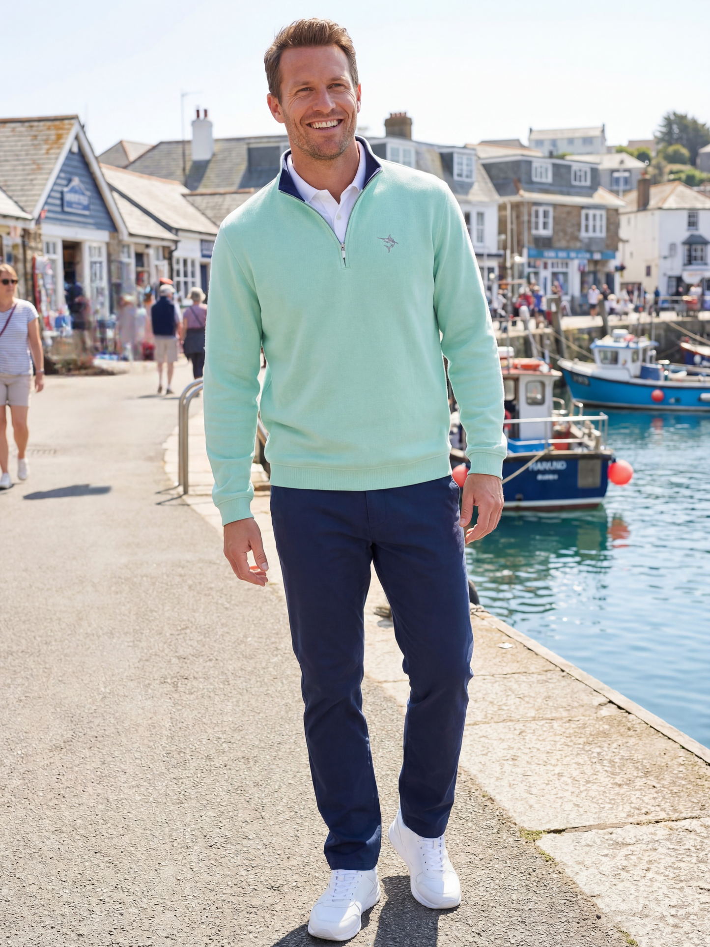 White Water Life Turnberry quarter zip in aqua, smooth knit fabric, stylish casual top with a stand-up collar and full front zipper.
