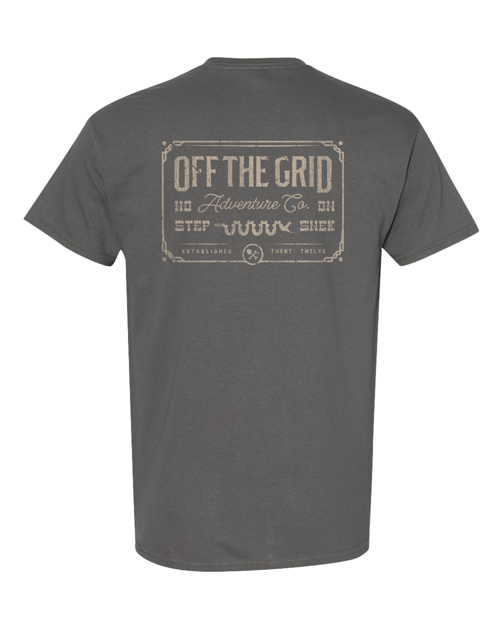 Charcoal Tucson 2.0 T-Shirt by Off The Grid Surplus, displaying a casual fit with a round neckline and the brand logo.