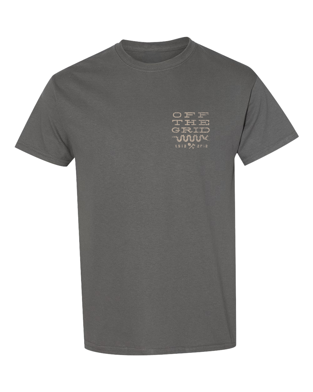 Charcoal Tucson 2.0 T-shirt by Off The Grid Surplus, front view showing classic fit and soft cotton fabric.