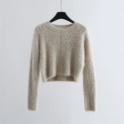 Solid Color Round Neck Pullover Sweater for Women