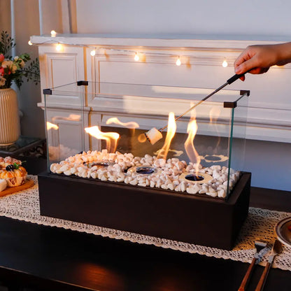 JHY DESIGN 18-inch rectangular tabletop fire pit for gel and ethanol fires, perfect for outdoor or indoor use.