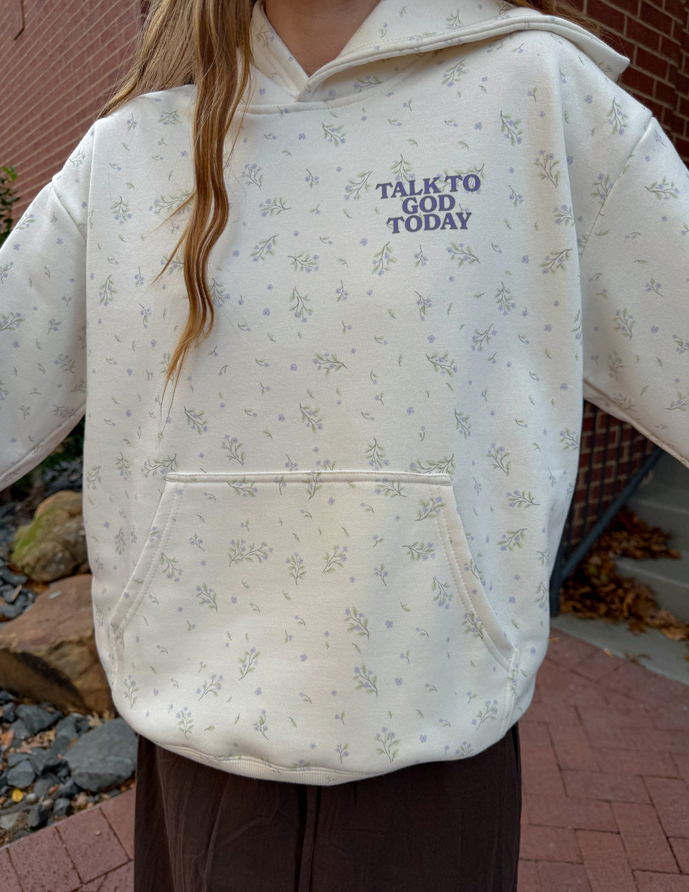 Unisex hoodie with allover wildflower pattern and spiritual "Talk to God" design by Elevated Faith, casual and comfortable wear