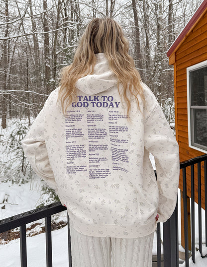 Unisex hoodie with wildflower and talk to God allover print by Elevated Faith, featuring vibrant floral design and comfortable fit.