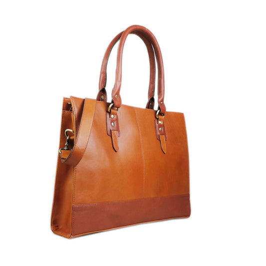 Tan leather women's laptop bag by Good Hides, The Signature 17-inch sleek and stylish handbag for carrying laptops.