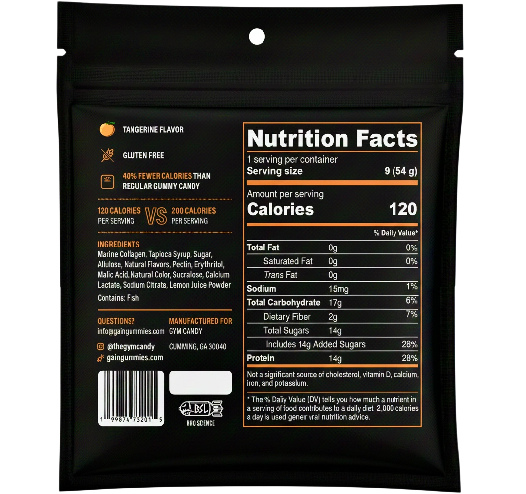 Back label of Gain Gummies Gym Candy Bursts with tangerine flavor, showing nutritional information and product branding.