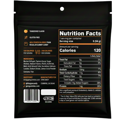 Back label of Gain Gummies Gym Candy Bursts with tangerine flavor, showing nutritional information and product branding.