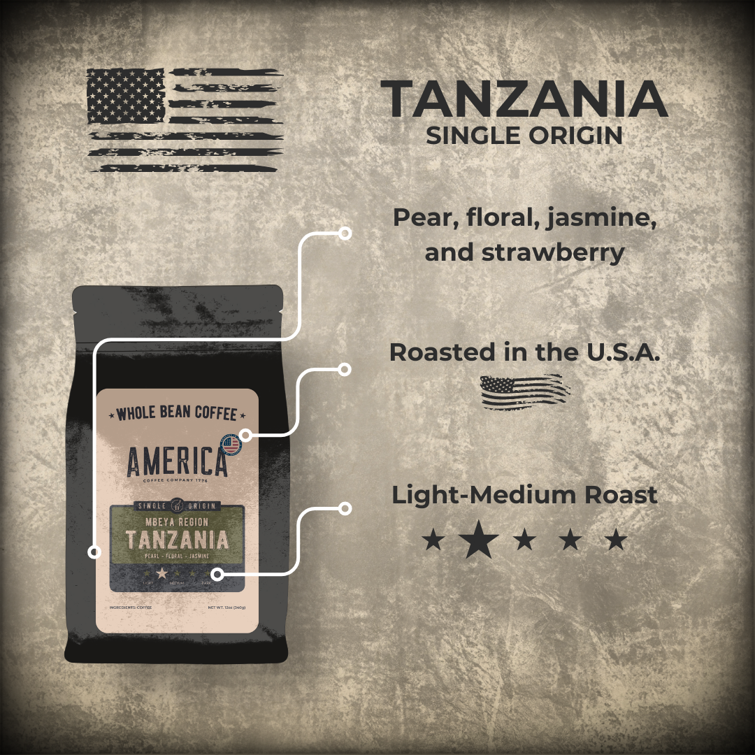 Tanzania single origin coffee bag from America Supply Company LLC featuring a label with Tanzania coffee details.