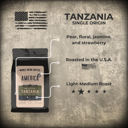 Tanzania single origin coffee bag from America Supply Company LLC featuring a label with Tanzania coffee details.