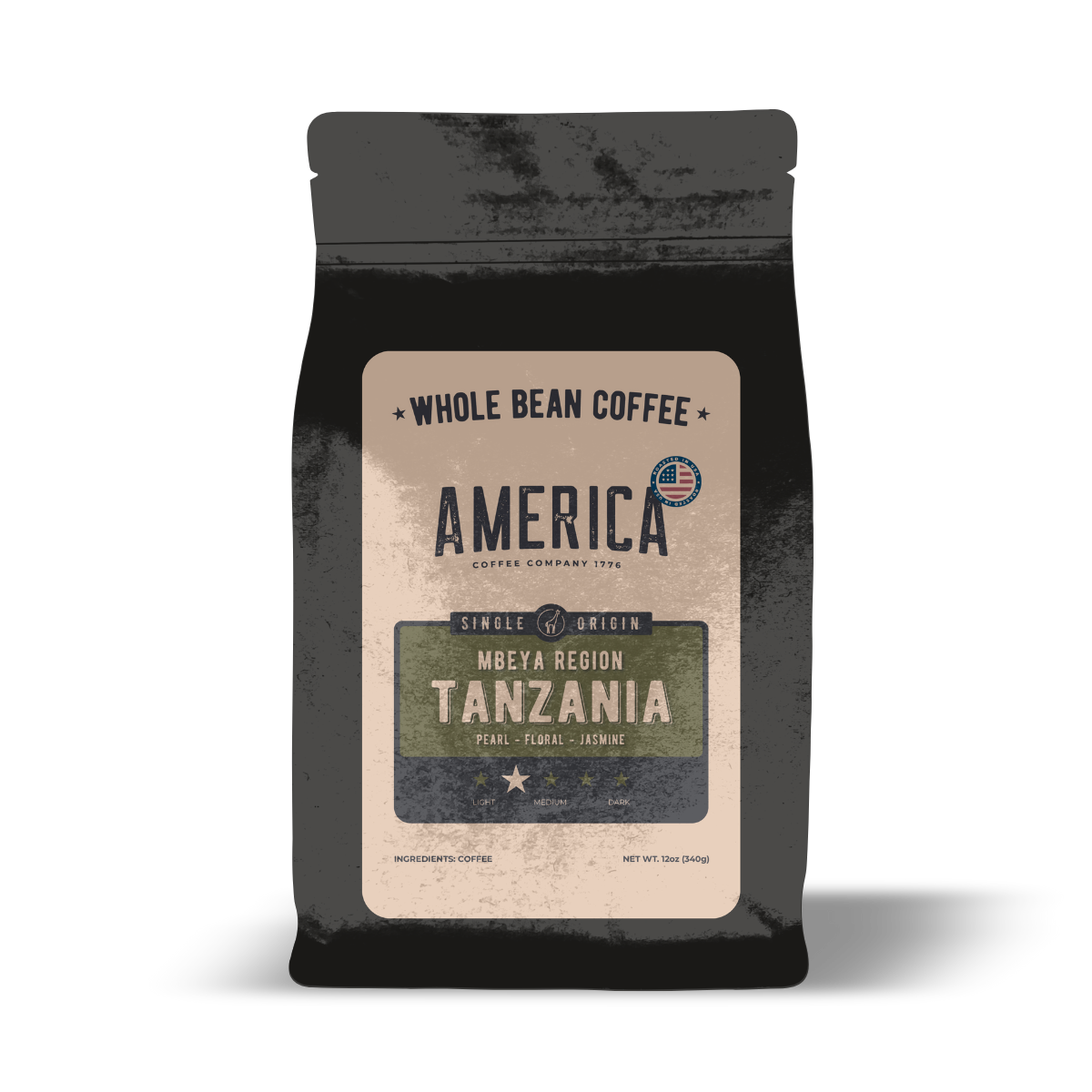 Whole Tanzania single-origin coffee beans from America Supply Company LLC, showcasing medium brown roasted beans.