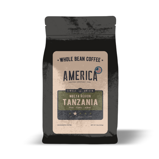 Whole Tanzania single-origin coffee beans from America Supply Company LLC, showcasing medium brown roasted beans.