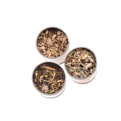 Assorted organic herbal loose-leaf teas from Paavani Ayurveda, displayed in a natural setting for a calming herbal tea ritual.