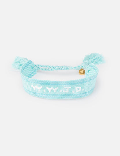 Teal WWJD embroidered bracelet wristband by Elevated Faith with stitched religious design on soft fabric.