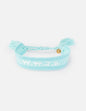 Teal WWJD embroidered bracelet wristband by Elevated Faith with stitched religious design on soft fabric.