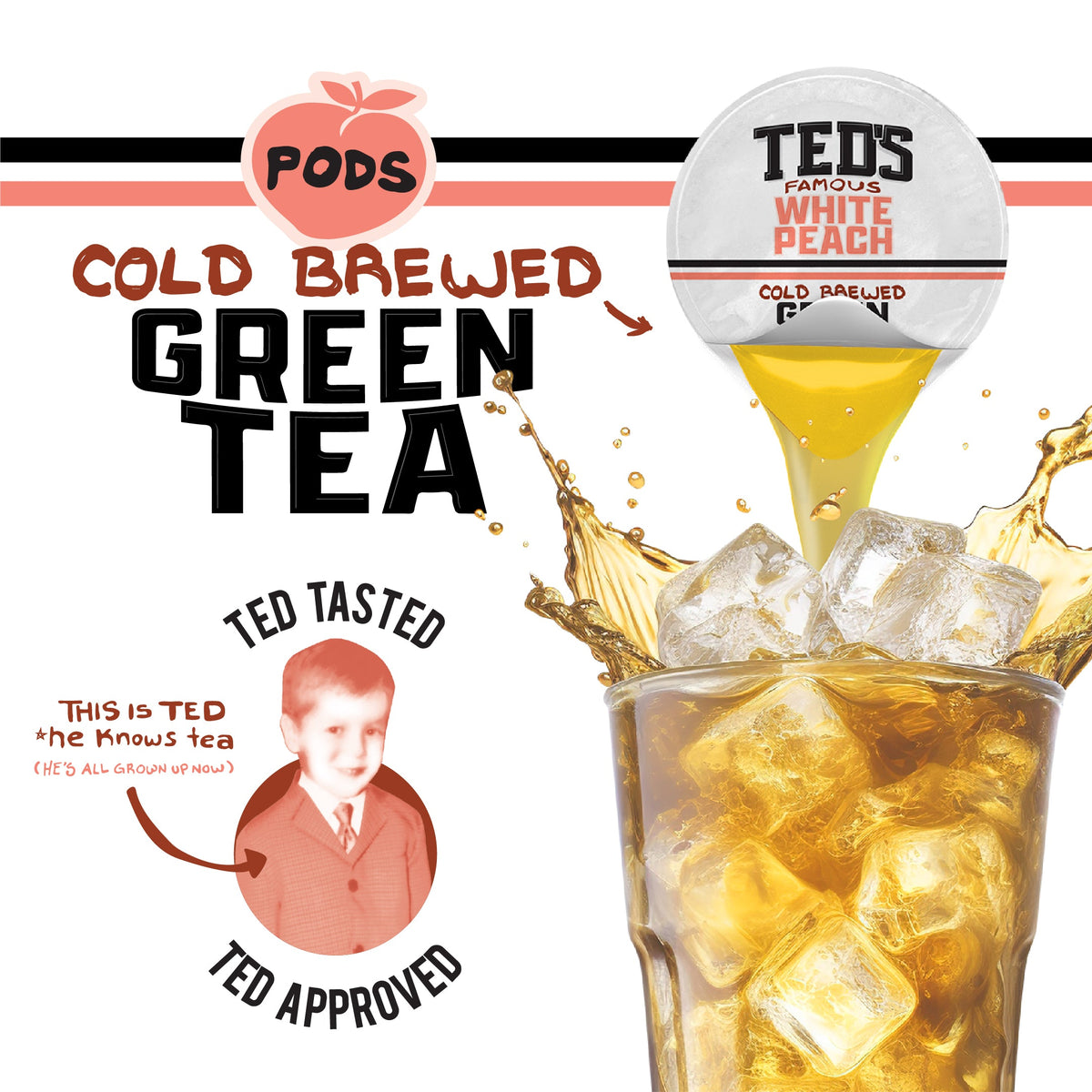Glass of Ted's Famous White Peach Cold Brewed Green Tea by Java House showing a refreshing tea with white peach slices and ice.