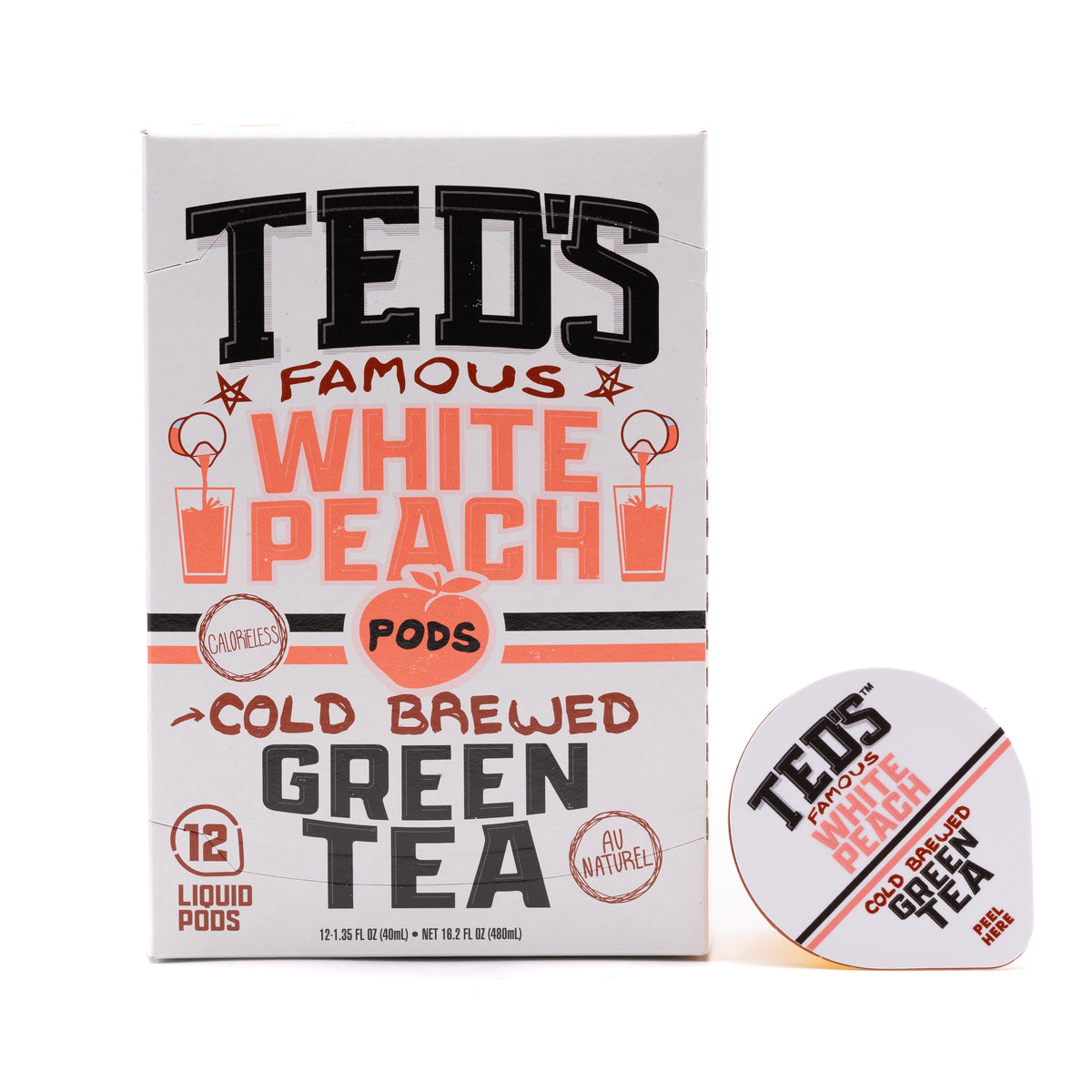 Glass of Ted's Famous White Peach Cold Brew Green Tea by Java House, showcasing the tea with fresh peach slices and a refreshing appearance.