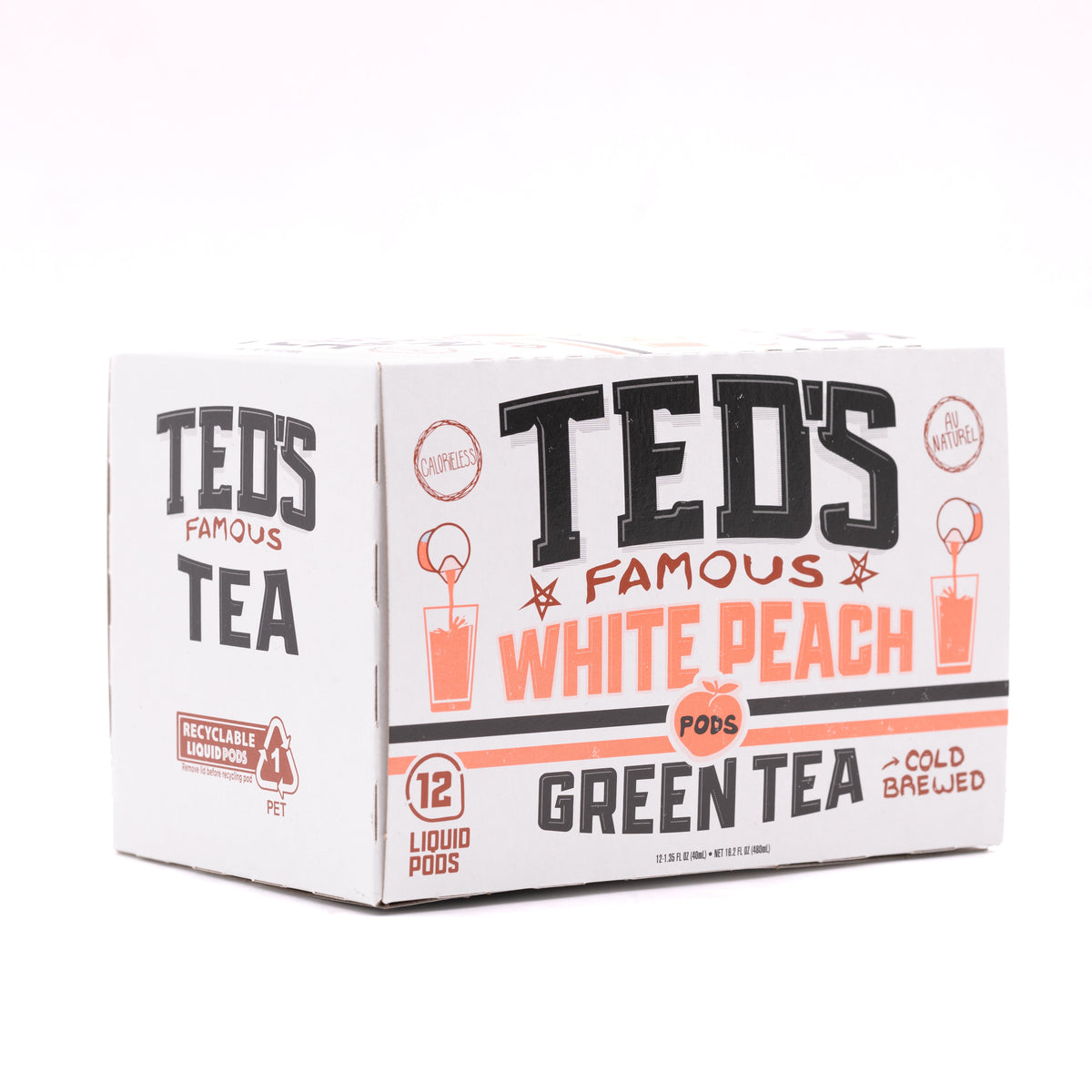 Glass of Ted's Famous White Peach Green Tea by Java House, showcasing a refreshing cold brew tea with white peach flavor.