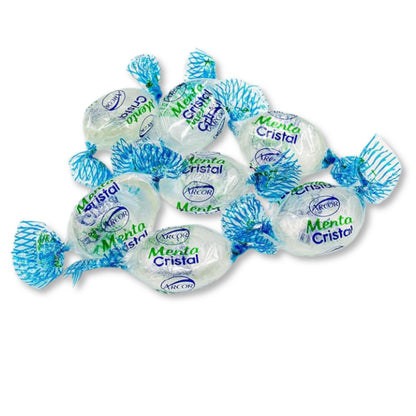 Assorted Arcor Cristal Mint hard candies in a bulk value bag, showing clear mint-flavored candies with a shiny, transparent appearance.