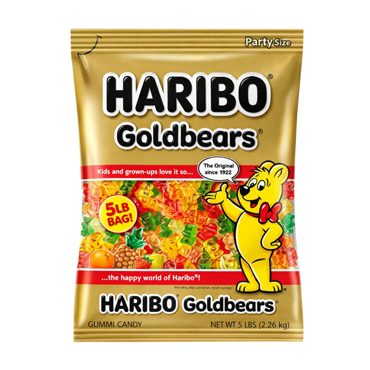 Colorful Haribo Goldbears gummy candies in a clear bowl, showcasing the vibrant gummy bear shapes and bright colors.