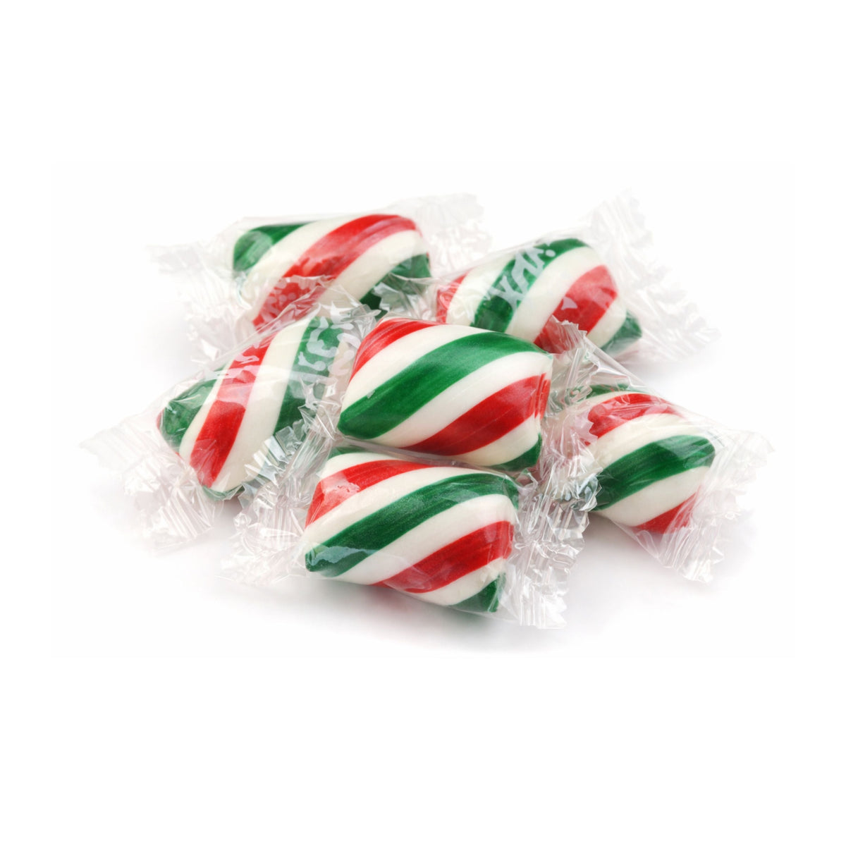 Assorted red, white, and green mint twist candies from Candy In Bulk in a bulk value bag, individually wrapped and colorful.