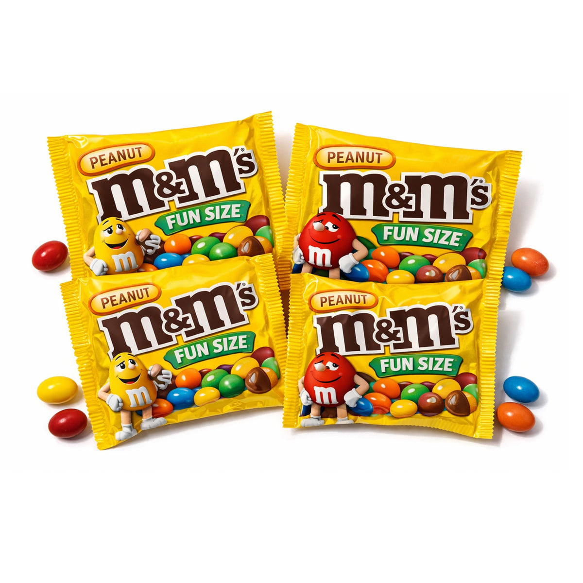 Assorted M&M's Peanut Milk Chocolate Candy fun size packs from Candy In Bulk in a bulk value bag, showing colorful candy-coated chocolates.