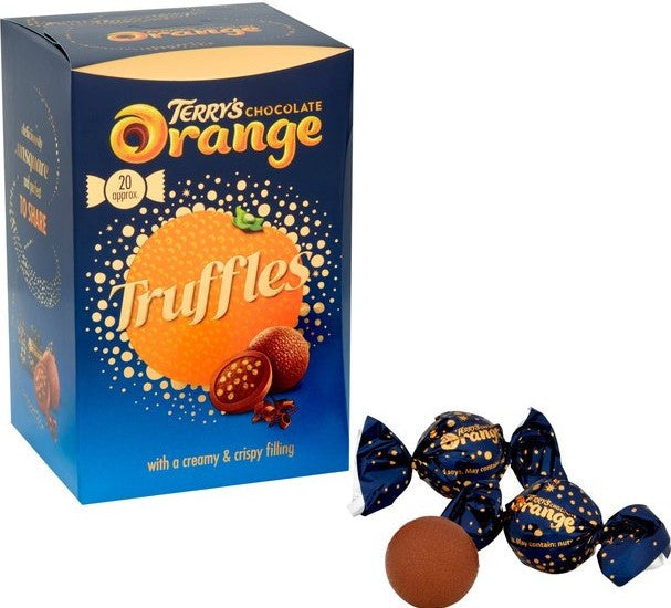 Terry's Chocolate Orange Truffles 200g box showing orange-flavored chocolate truffles with textured orange peel coating.