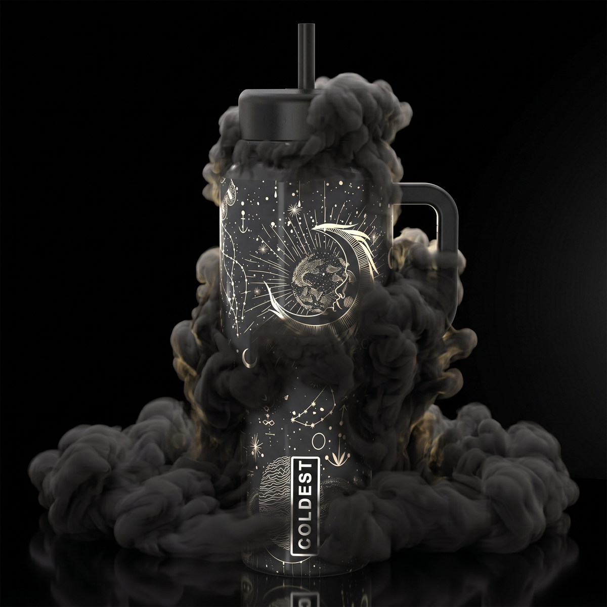 Coldest 6.7oz insulated bottle with black lid, designed for keeping beverages cold or hot, on a white background
