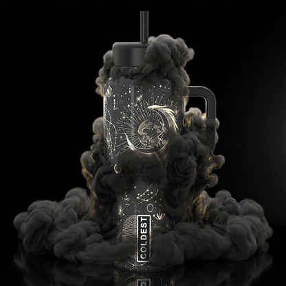 Coldest 6.7oz insulated bottle with black lid, designed for keeping beverages cold or hot, on a white background