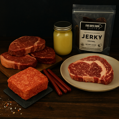 Five Oaks Farm Wagyu The Wagyu Welcome Box featuring premium Wagyu beef cuts and packaging for a gourmet culinary experience.