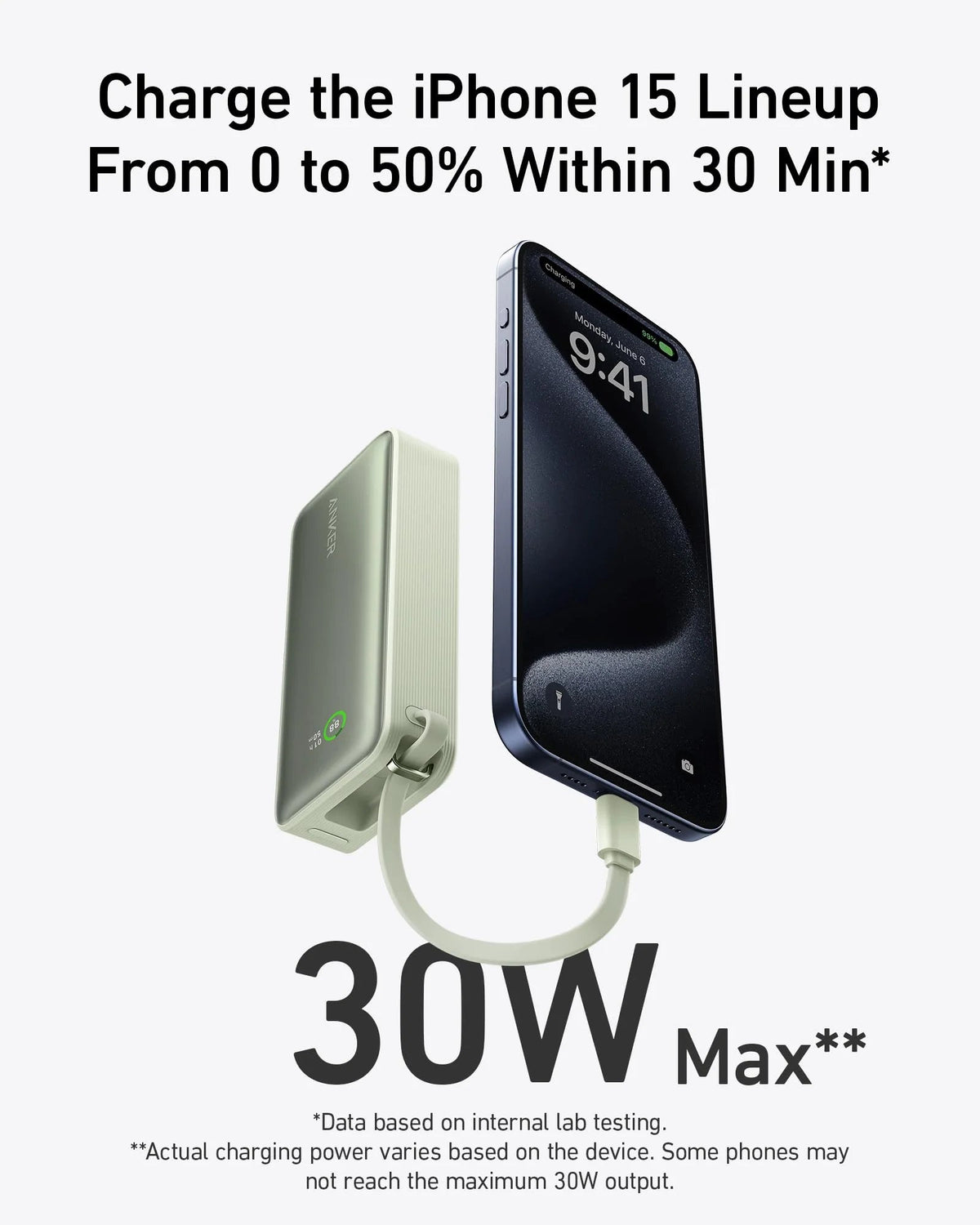 Anker Nano 30W power bank with built-in USB-C cable for portable charging, compact and lightweight.