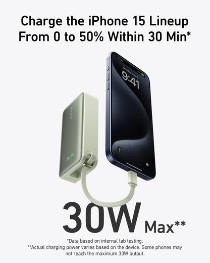 Anker Nano 30W power bank with built-in USB-C cable for portable charging, compact and lightweight.