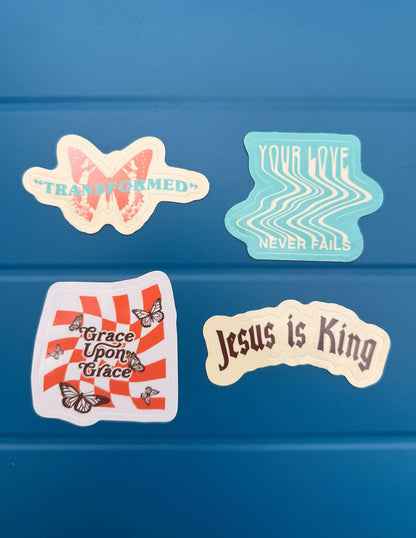 Set of colorful throwback-themed stickers from Elevated Faith in a pack, featuring nostalgic designs and vibrant graphics.