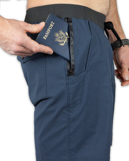 Grey blue Thunderbird shorts by Off The Grid Surplus, casual men's shorts with a relaxed fit and durable fabric.