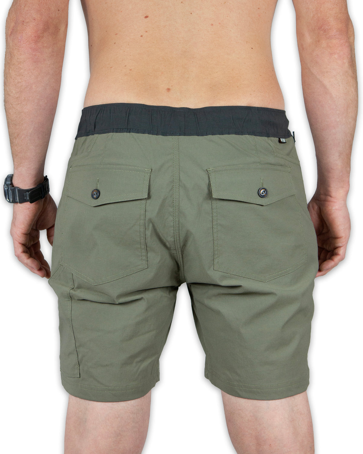 Rye green Thunderbird shorts by Off The Grid Surplus featuring a relaxed fit and casual style, shown with a front view.