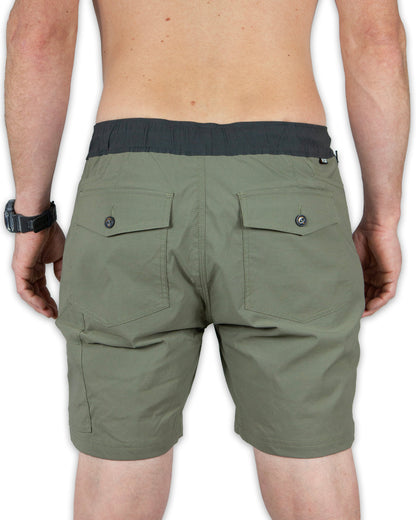 Rye green Thunderbird shorts by Off The Grid Surplus featuring a relaxed fit and casual style, shown with a front view.