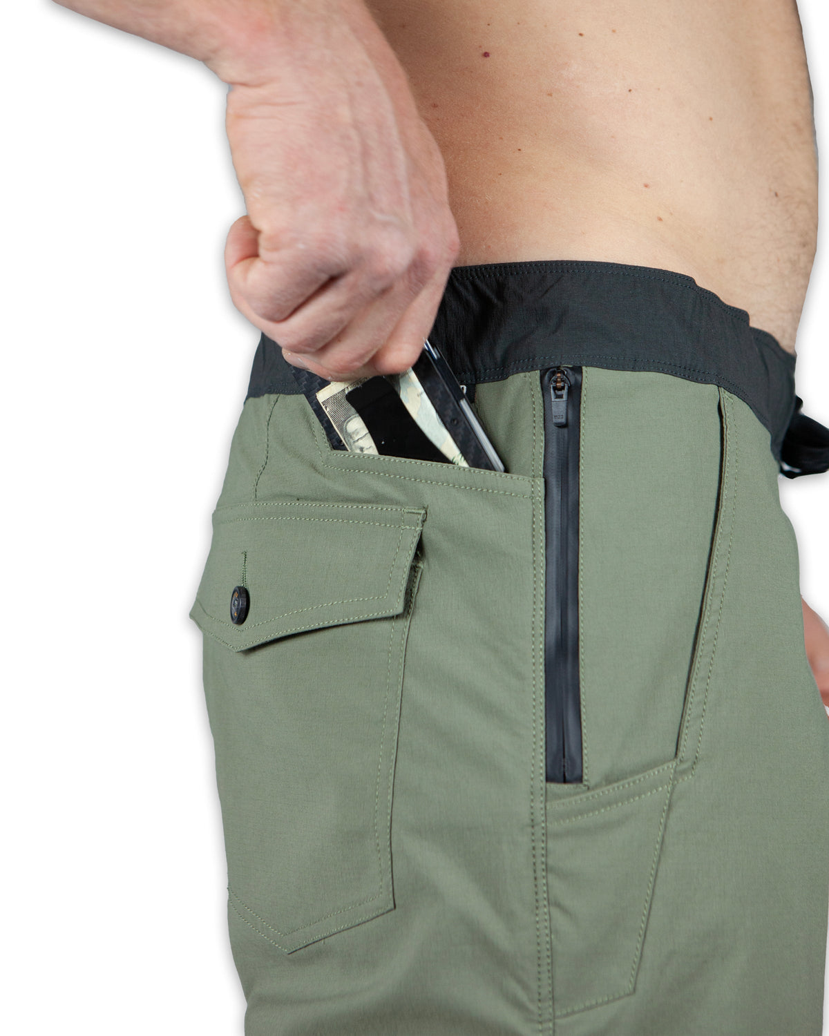 Rye green Thunderbird shorts by Off The Grid Surplus featuring a casual fit and durable fabric, displayed in a close-up view.