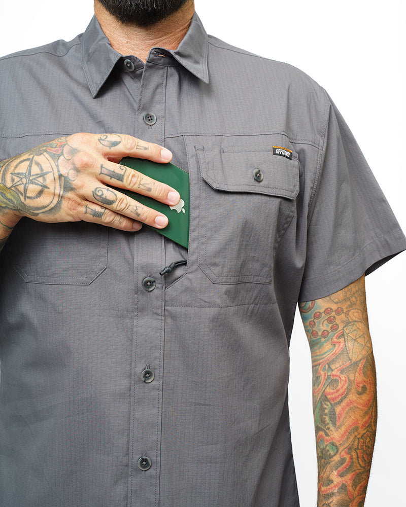 Short sleeve Thunderbolt SS shirt in Castlerock color by Off The Grid Surplus, displayed on a hanger.