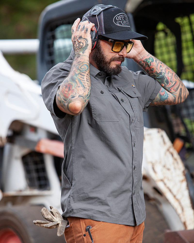Off The Grid Surplus Thunderbolt SS shirt in Castlerock color, short sleeve shirt with rugged fabric and button front.