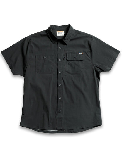 Off The Grid Surplus Thunderbolt SS shirt in vintage black, short sleeve casual shirt with a bold thunderbolt graphic.