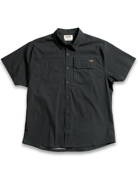 Off The Grid Surplus Thunderbolt SS shirt in vintage black, short sleeve casual shirt with a bold thunderbolt graphic.