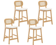 EALSON Counter Height Bar Stools Set of 4 Rattan Back Farmhouse Barstools Mid Century Modern Wood Bar Chairs Comfortable Linen Upholstered Kitchen Island Chairs for Breakfast Bar Beige