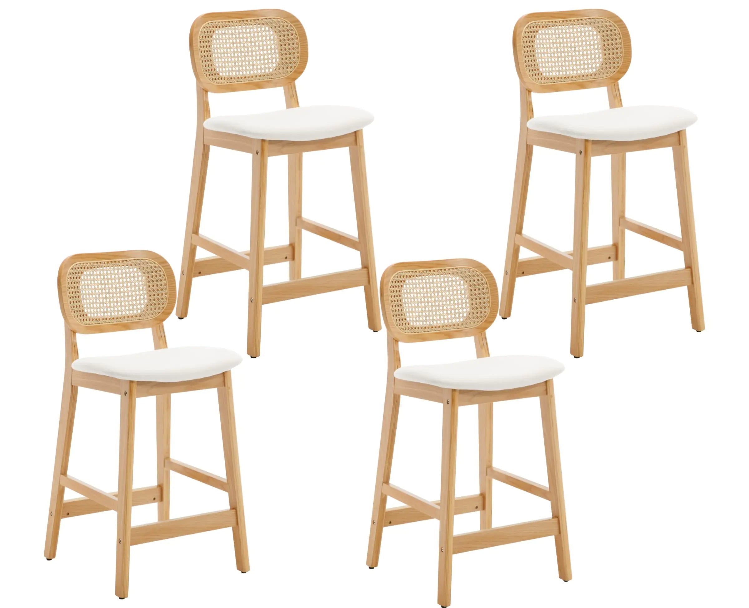 EALSON Counter Height Bar Stools Set of 4 Rattan Back Farmhouse Barstools Mid Century Modern Wood Bar Chairs Comfortable Linen Upholstered Kitchen Island Chairs for Breakfast Bar Beige