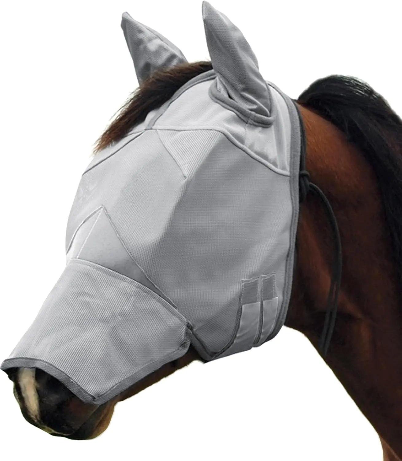 Horse Fly Mask Elasticity Fly Mask with Ears and Long Nose UV Protection for Horse Grey (Plus)