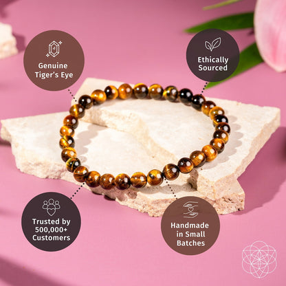 Conscious Items 7A grade tiger’s eye bracelet with 6mm beads, showcasing polished tiger’s eye stones on a stretch cord.