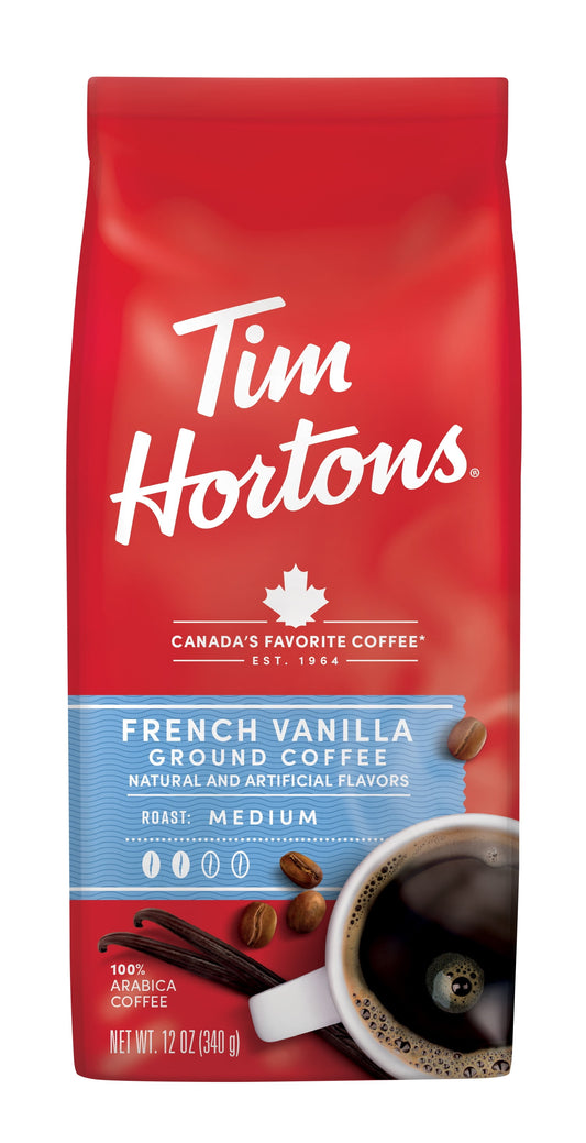 Tim Hortons French Vanilla Flavored Coffee, Medium Roast Ground Arabica, 12 Oz Bag
