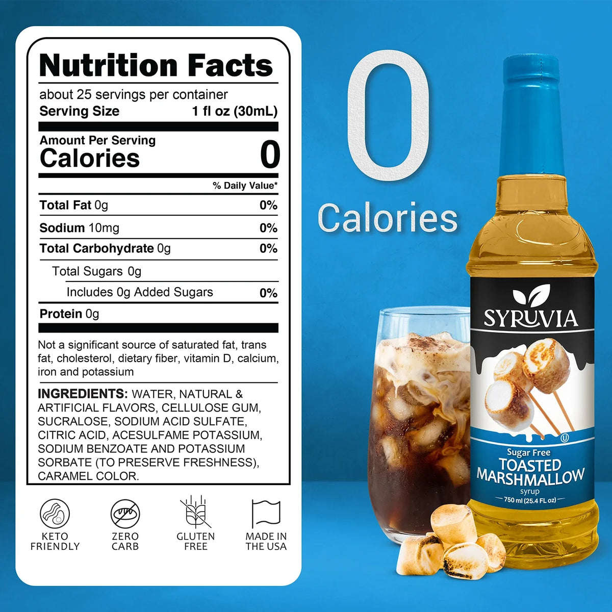 A bottle of Syruvia sugar-free toasted marshmallow syrup with a label and a splash of syrup on a white background.